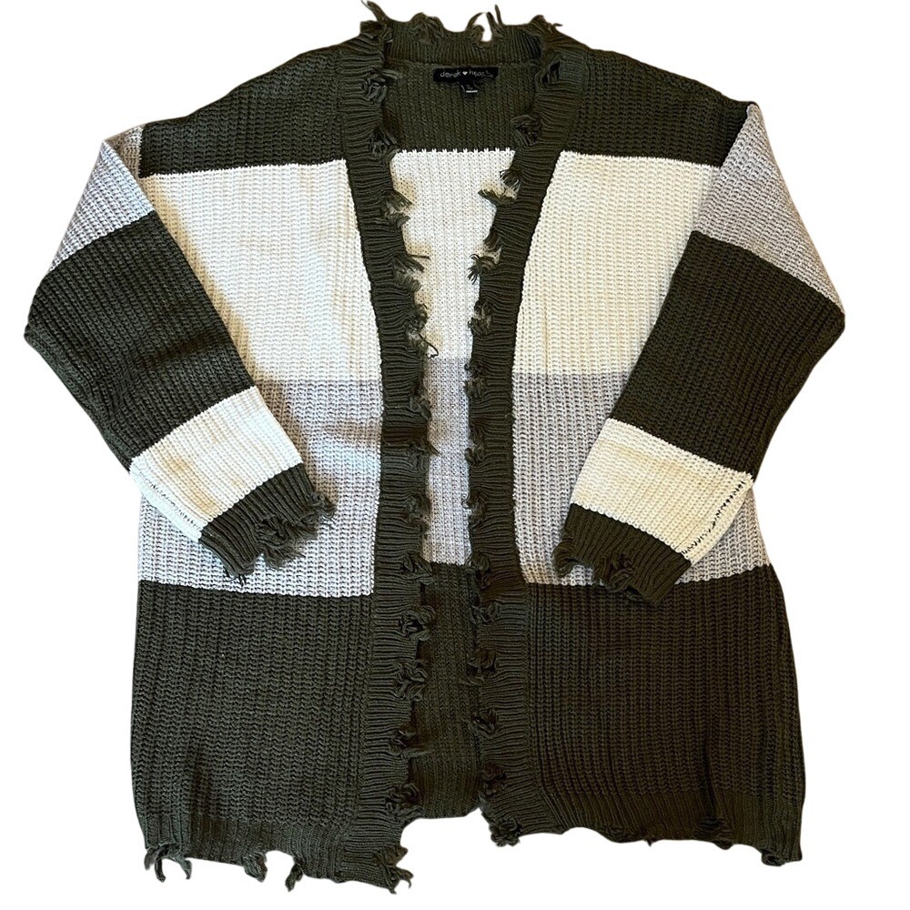 Derek Heart Womens 1X Distressed Colorblock Cardigan Olive Green Shaker Knit